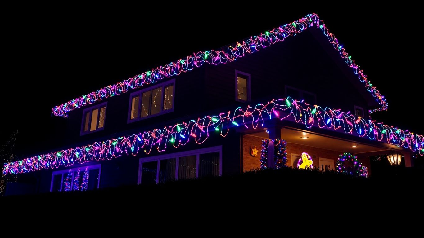 House decorated with bright Christmas lights for the holidays.