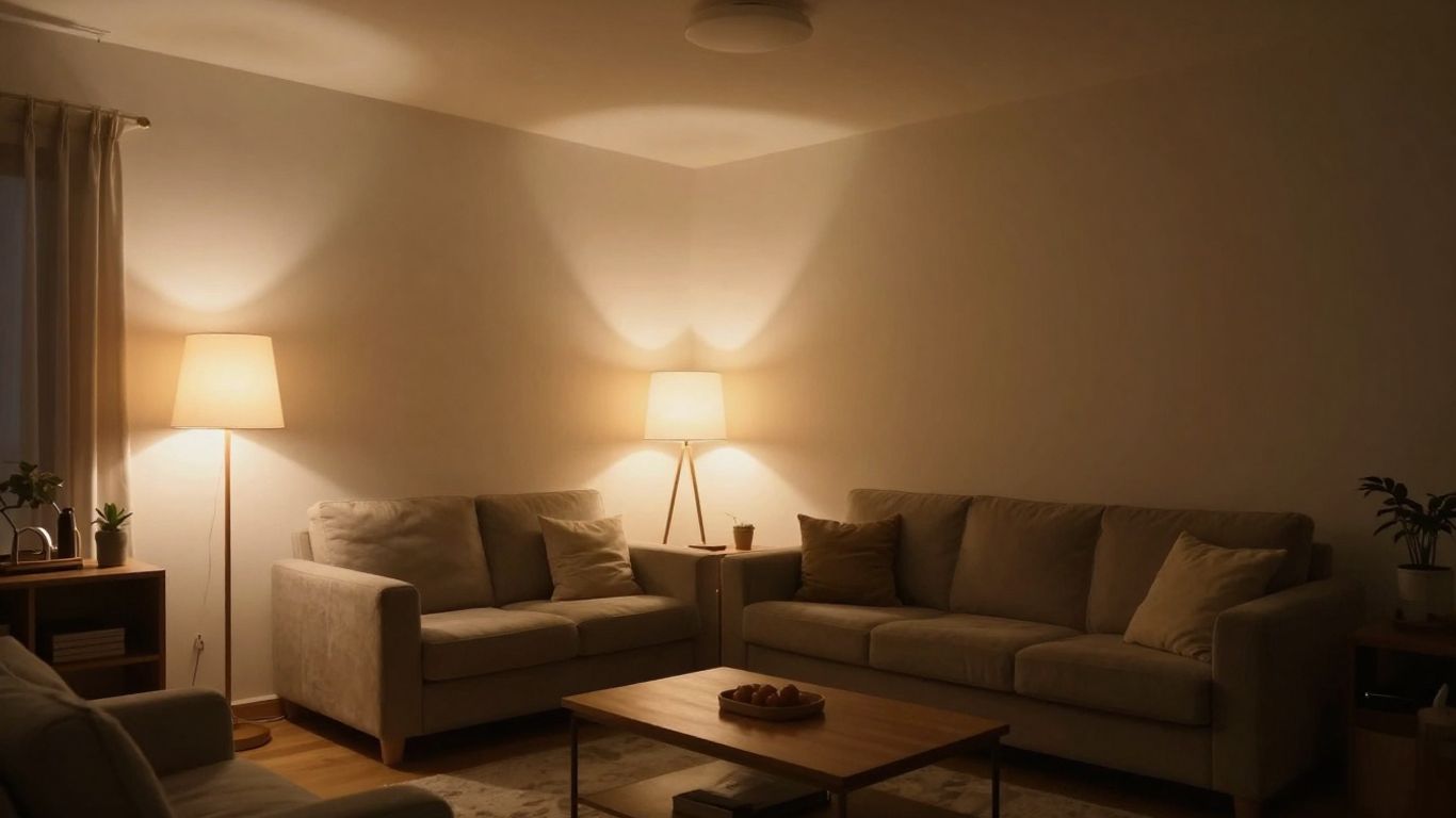 Warm ambient light illuminating a comfortable living room space.