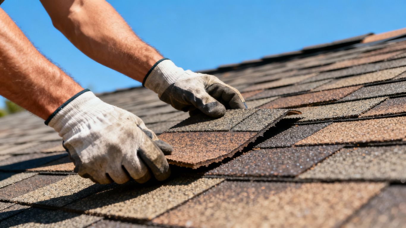 Roofer inspecting shingles on a house.