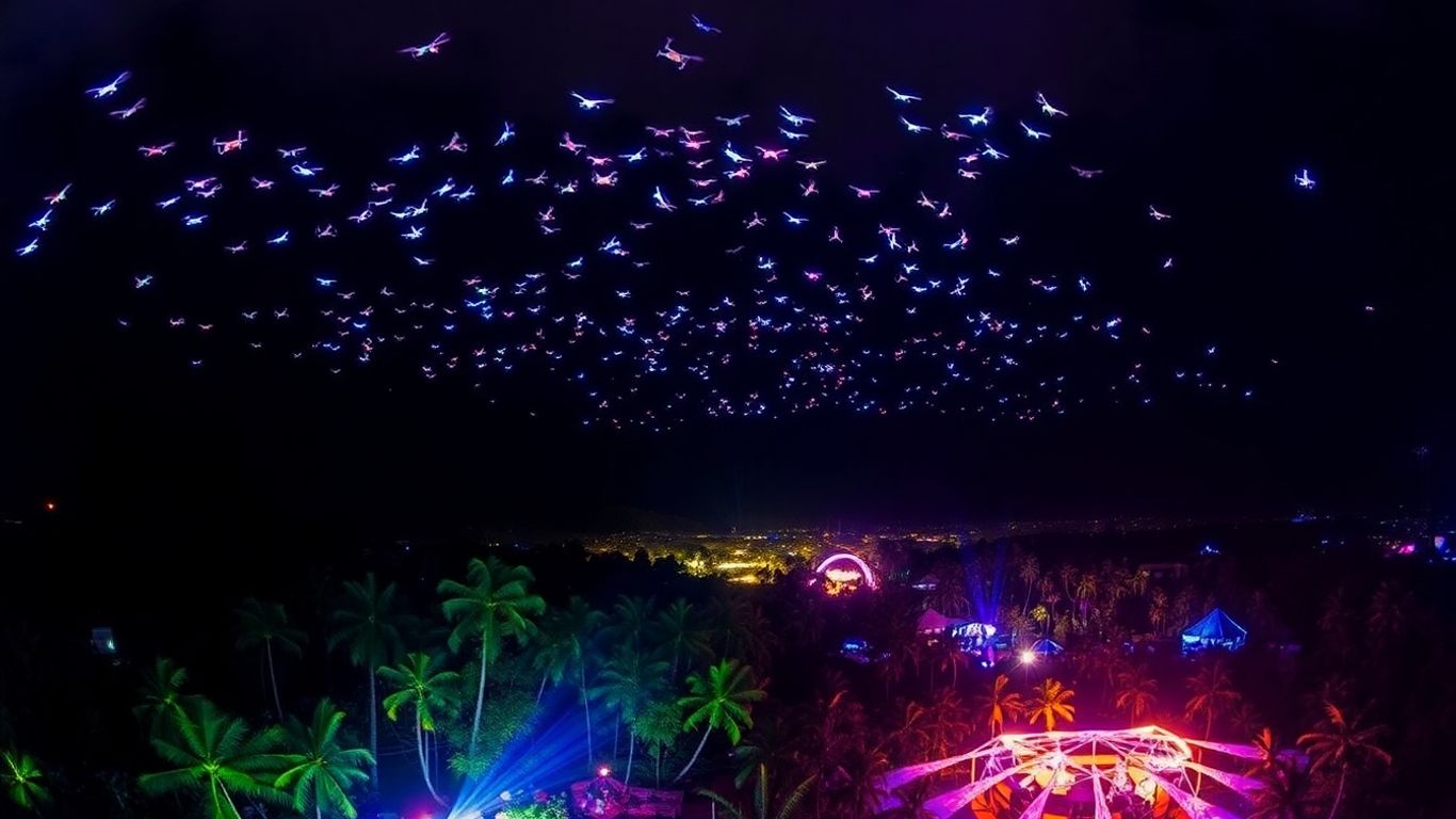Festival drone light show illuminating the night sky.