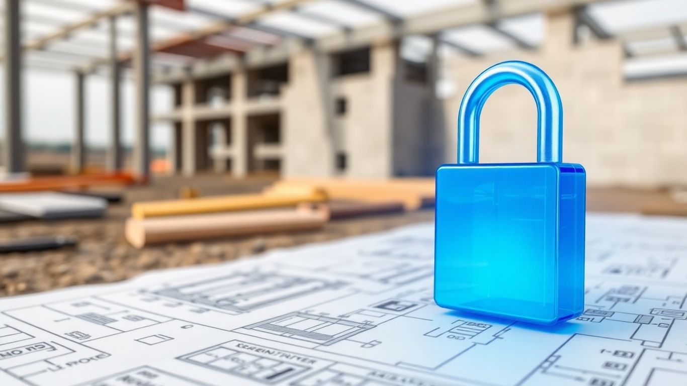 Construction site with a digital lock icon.