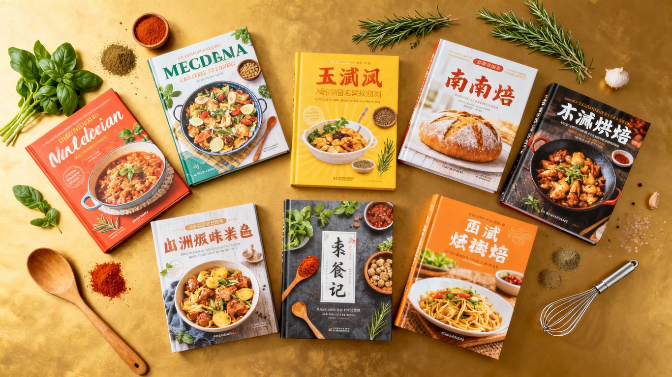 Seven colorful cookbooks arranged with fresh ingredients and utensils.