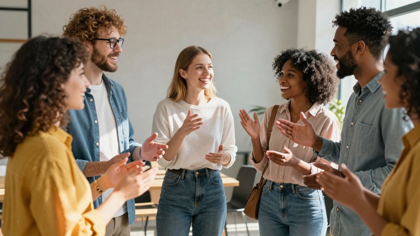 People connecting and succeeding in a bright, modern space.