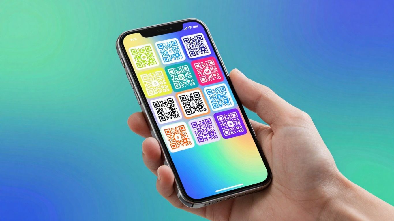 Smartphone displaying colourful QR codes, futuristic design.