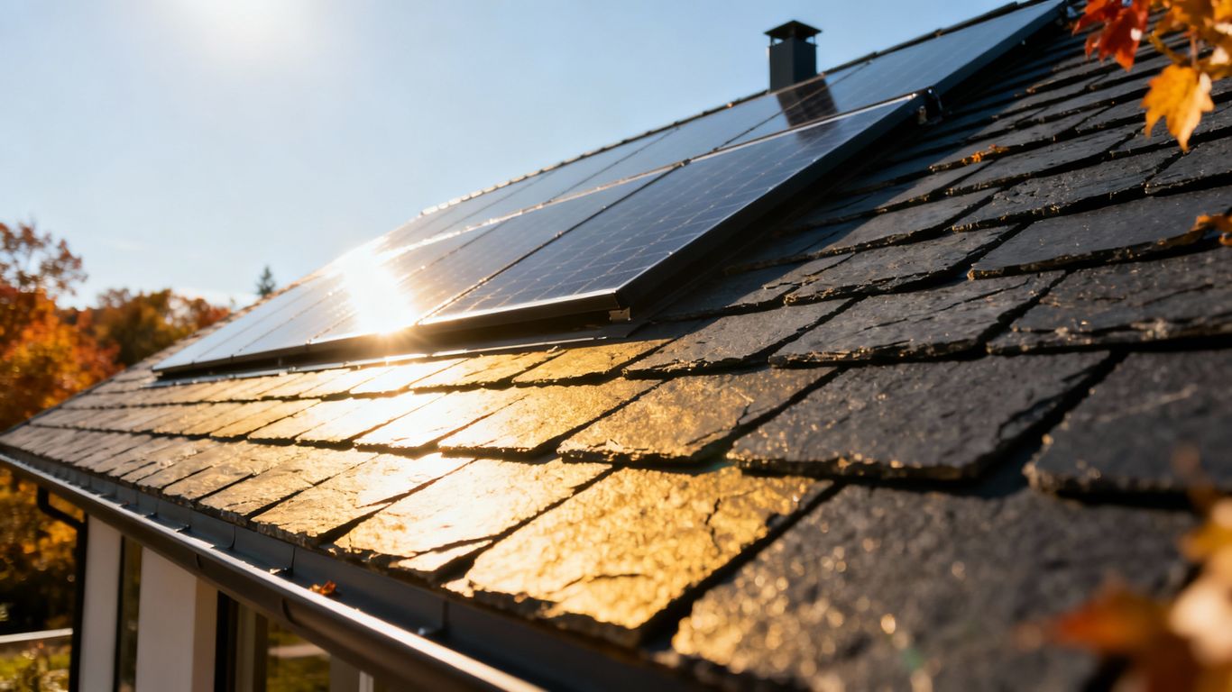 House roof with solar panels on a sunny day.