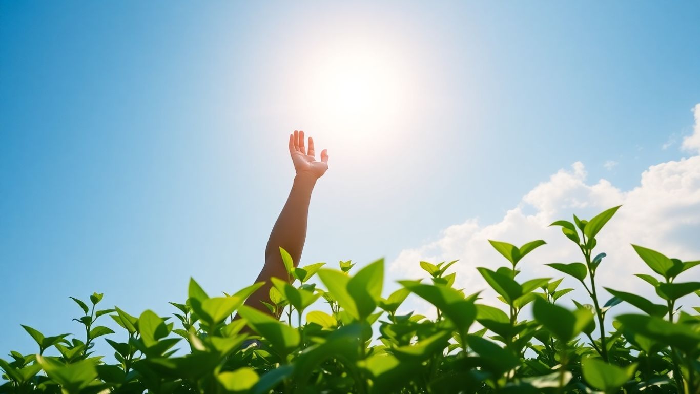 Person reaching for sun, symbolizing growth and potential.