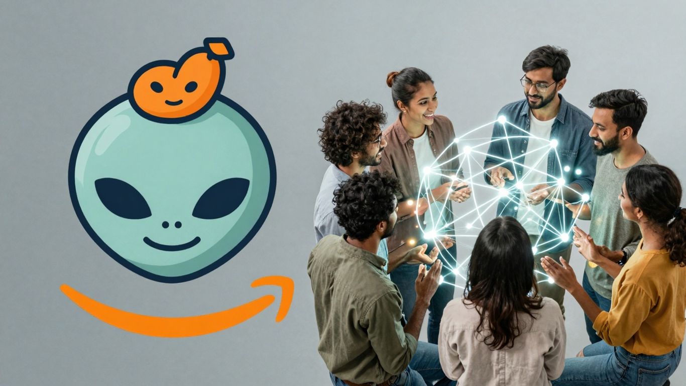 Amazon and Reddit logos with people connecting online.