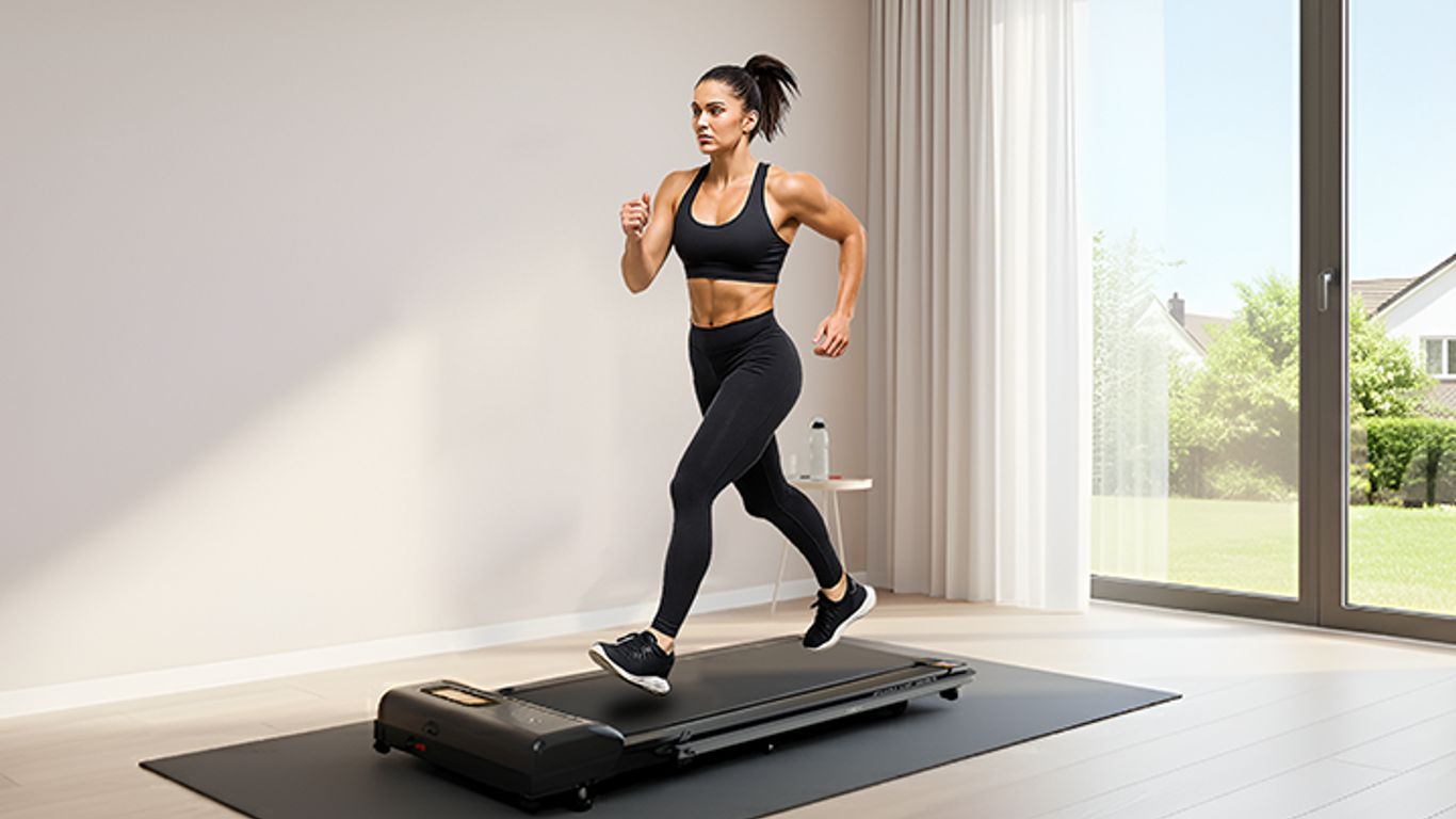 A person runs on a treadmill in a bright room with a large window.