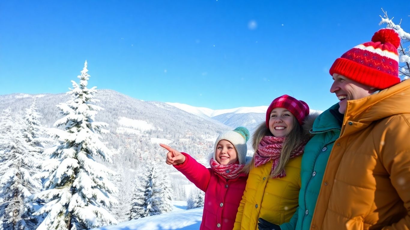 Rodzina ciesząca się zimowym krajobrazem i atrakcjami.