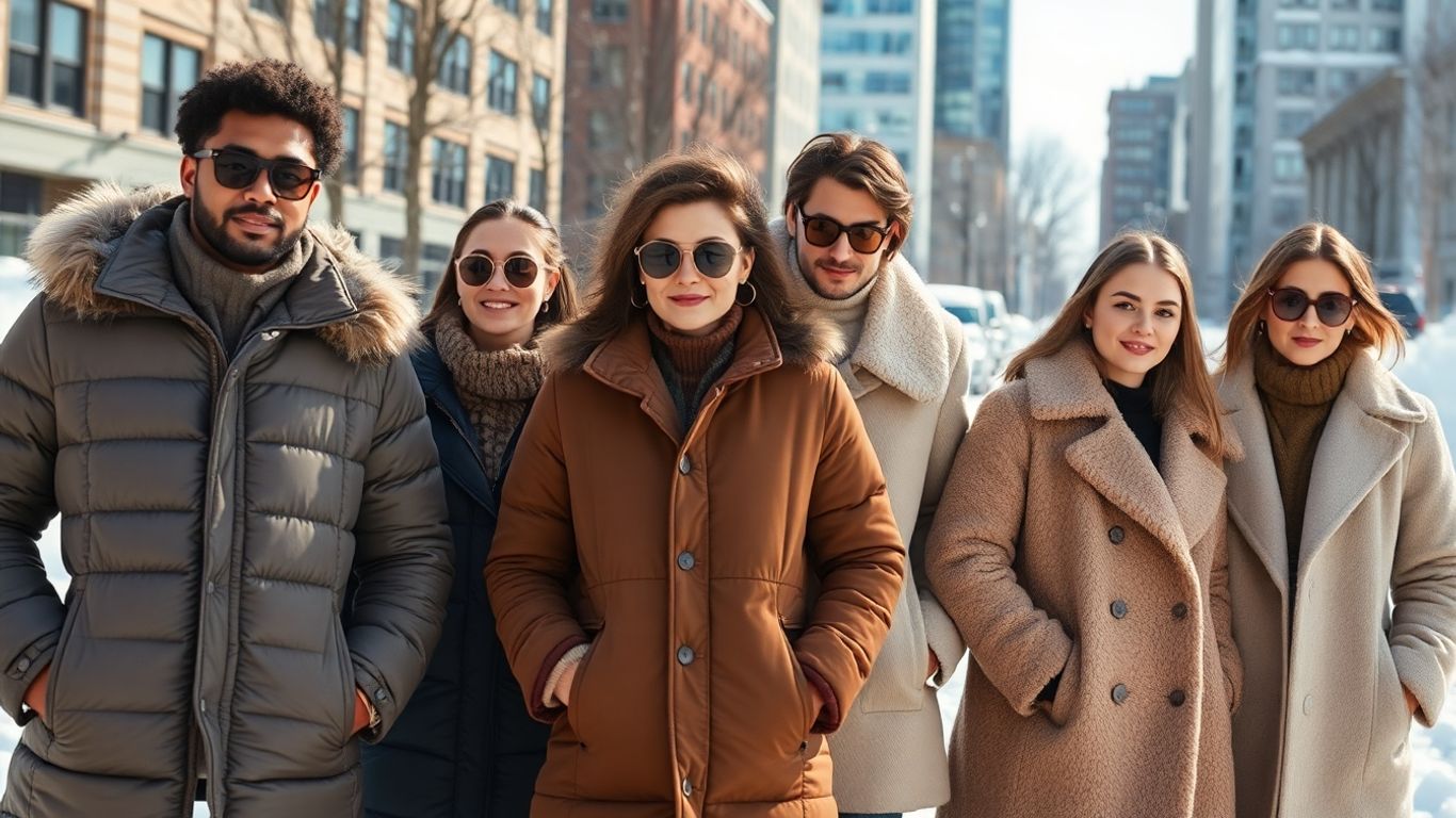 People wearing stylish winter coats in a snowy city.