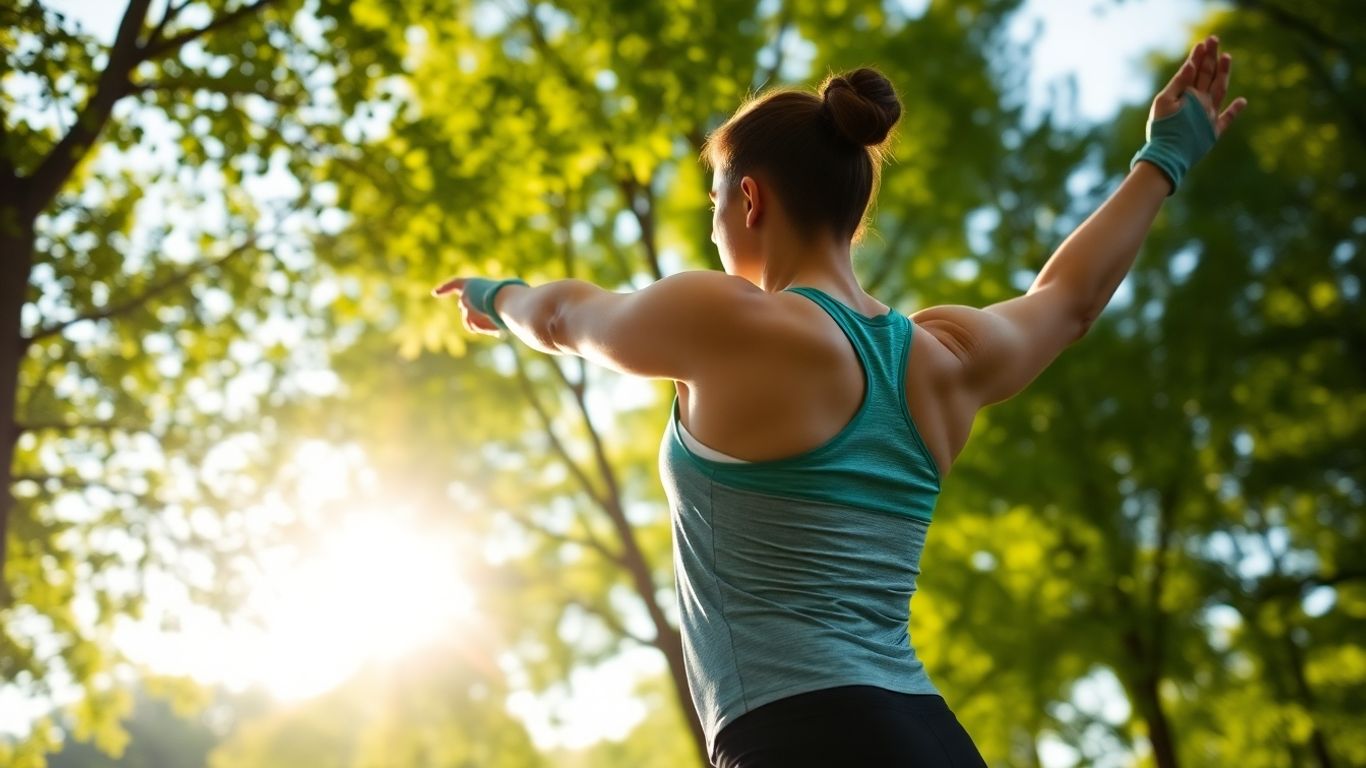 Person stretching outdoors, promoting healthy movement.