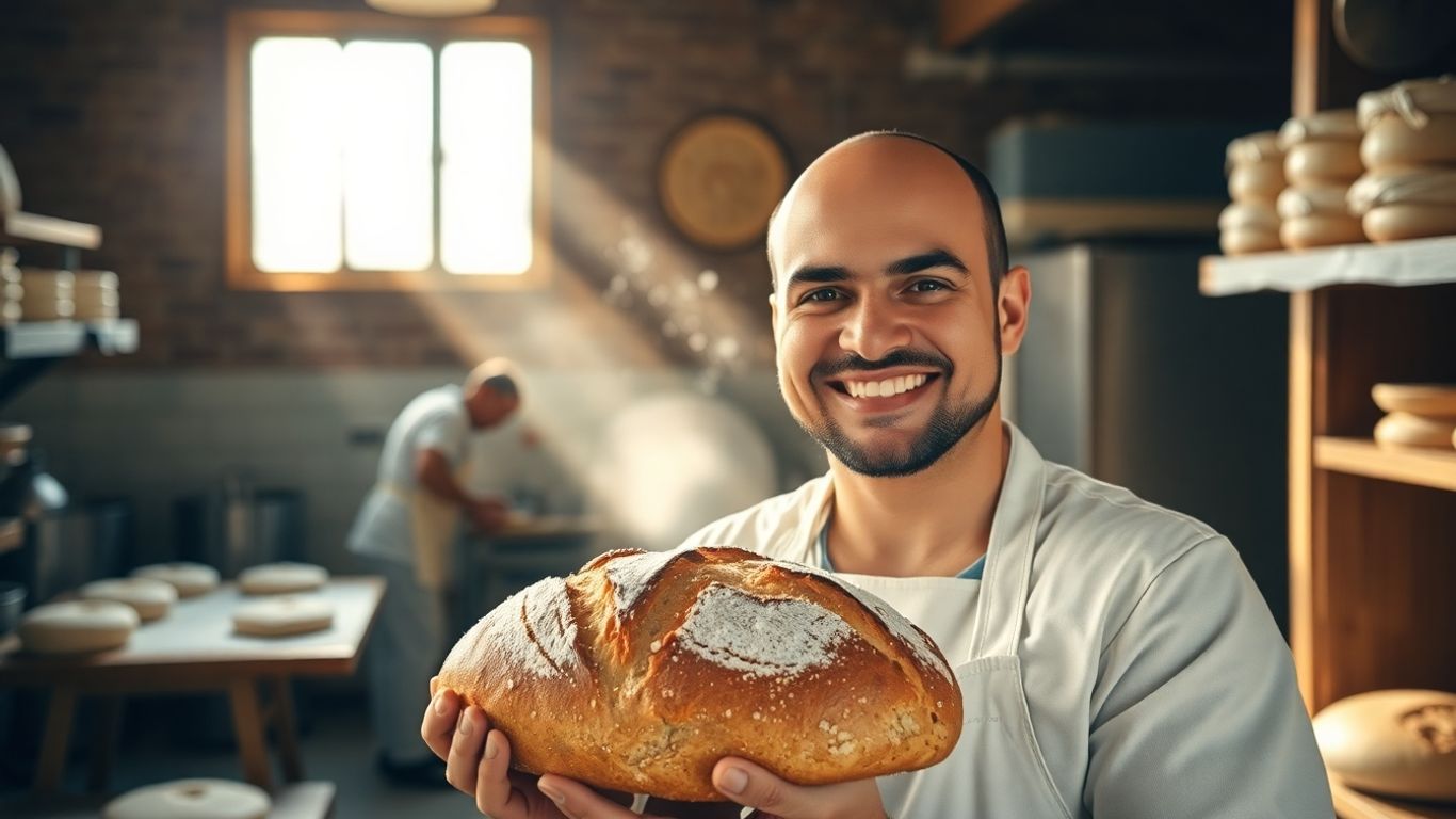 Bäcker mit Brot in einer Bäckerei
