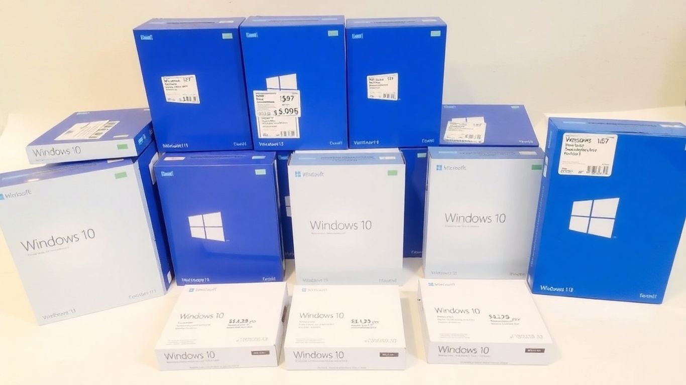 Cajas de Windows 10 con etiquetas de precios.