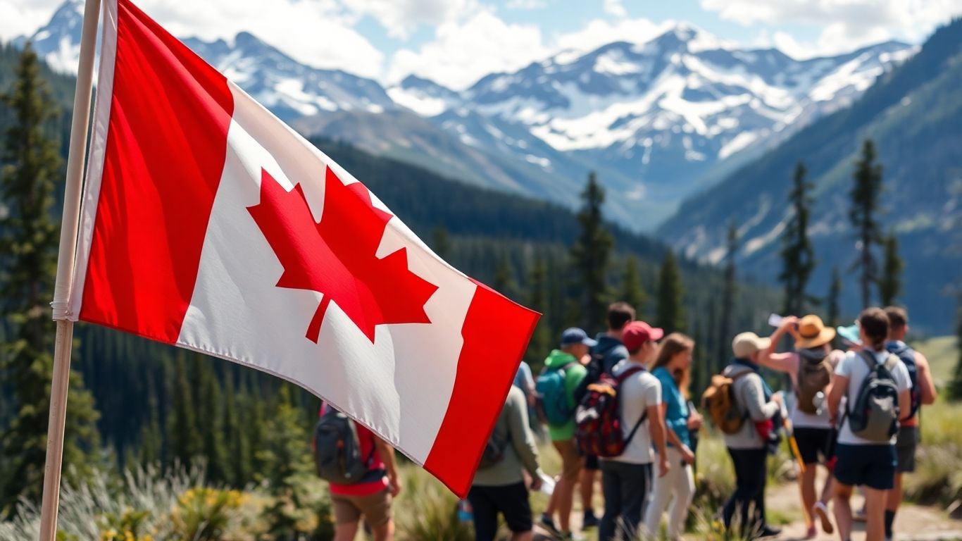 Kanadische Landschaft mit Reisenden und Flagge