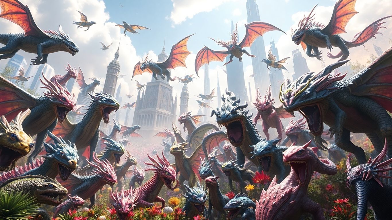 AI-generated fantasy creatures and futuristic cityscapes.