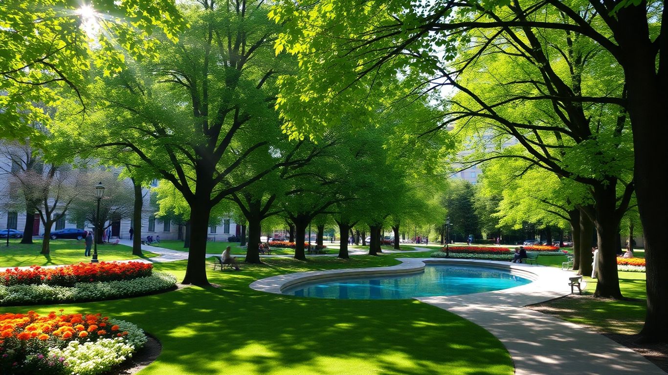 Parc urban cu copaci verzi, flori și un iaz.