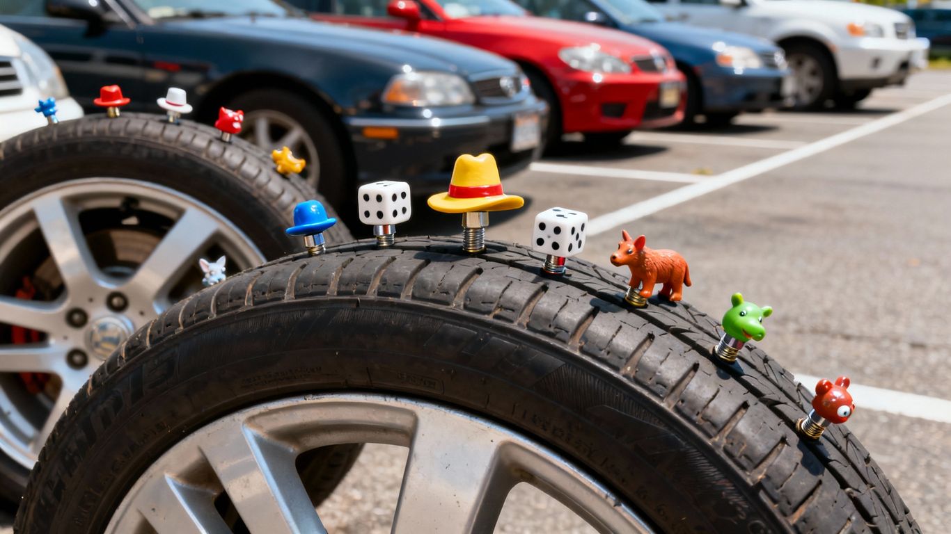Funny mismatched tire caps on various car tires