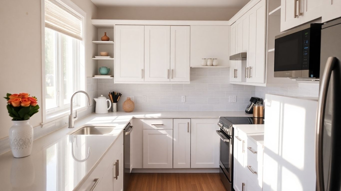 Remodeled kitchen with modern cabinets and countertops.