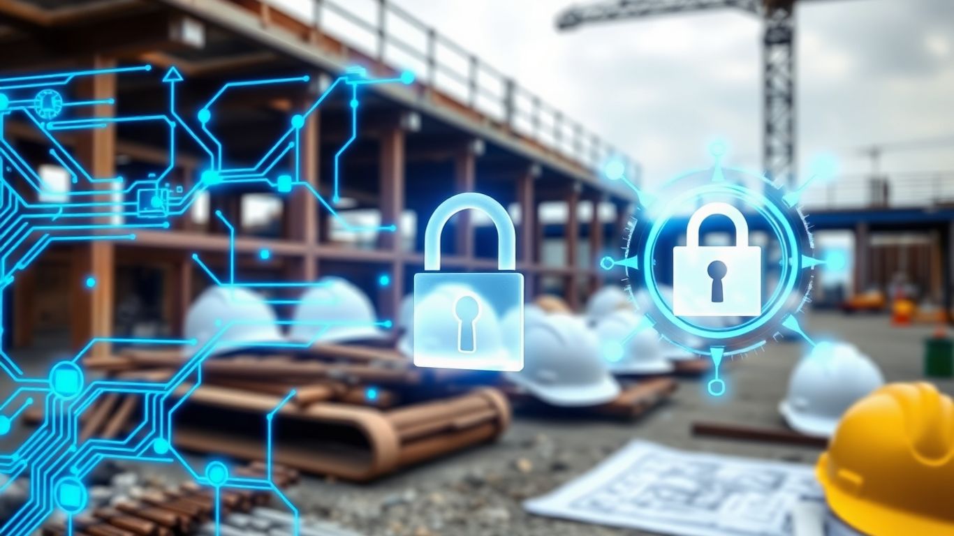 Construction site with digital security icons.