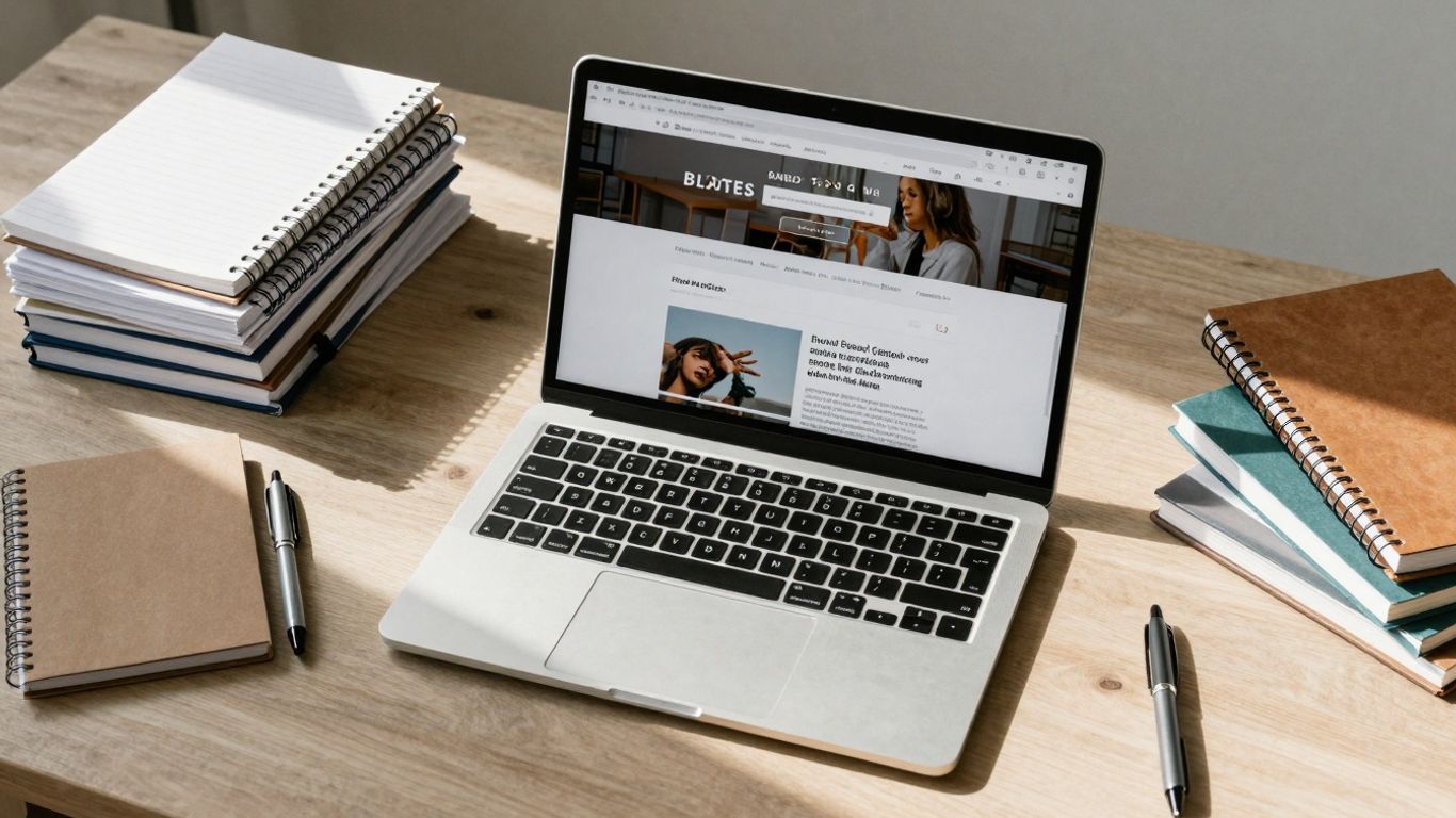 Organized desk with laptop and notebooks for blog categories.