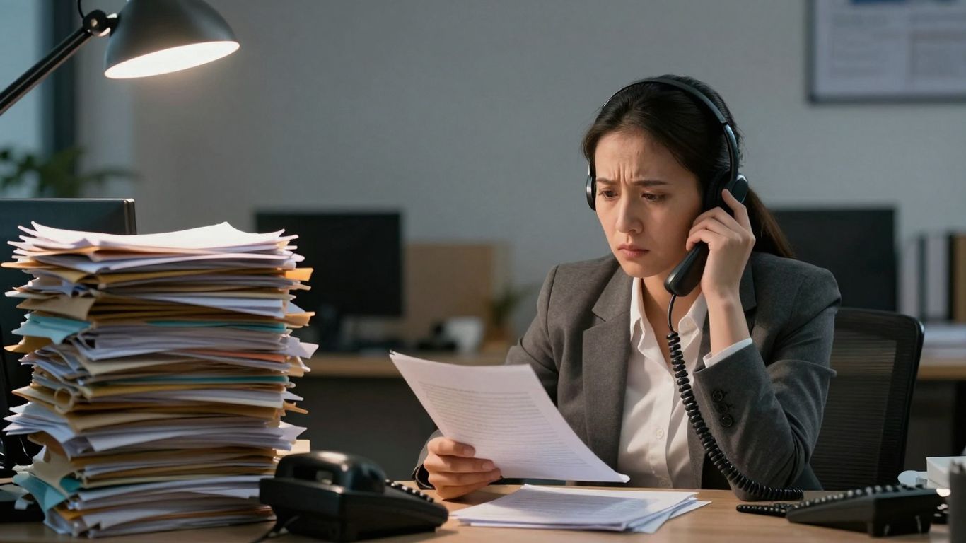 Customer service representative overwhelmed by work.