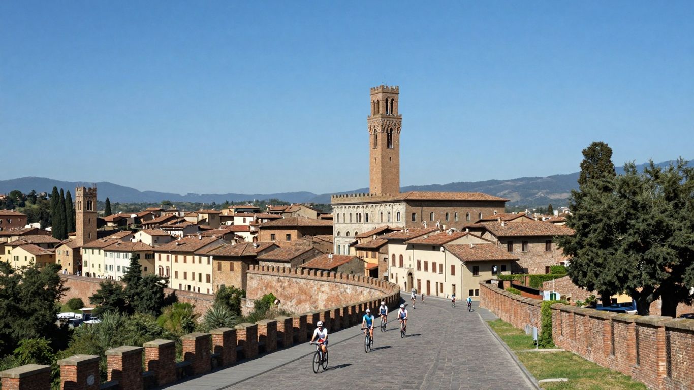 Cyclists on Lucca's Renaissance walls with Tuscan hills.