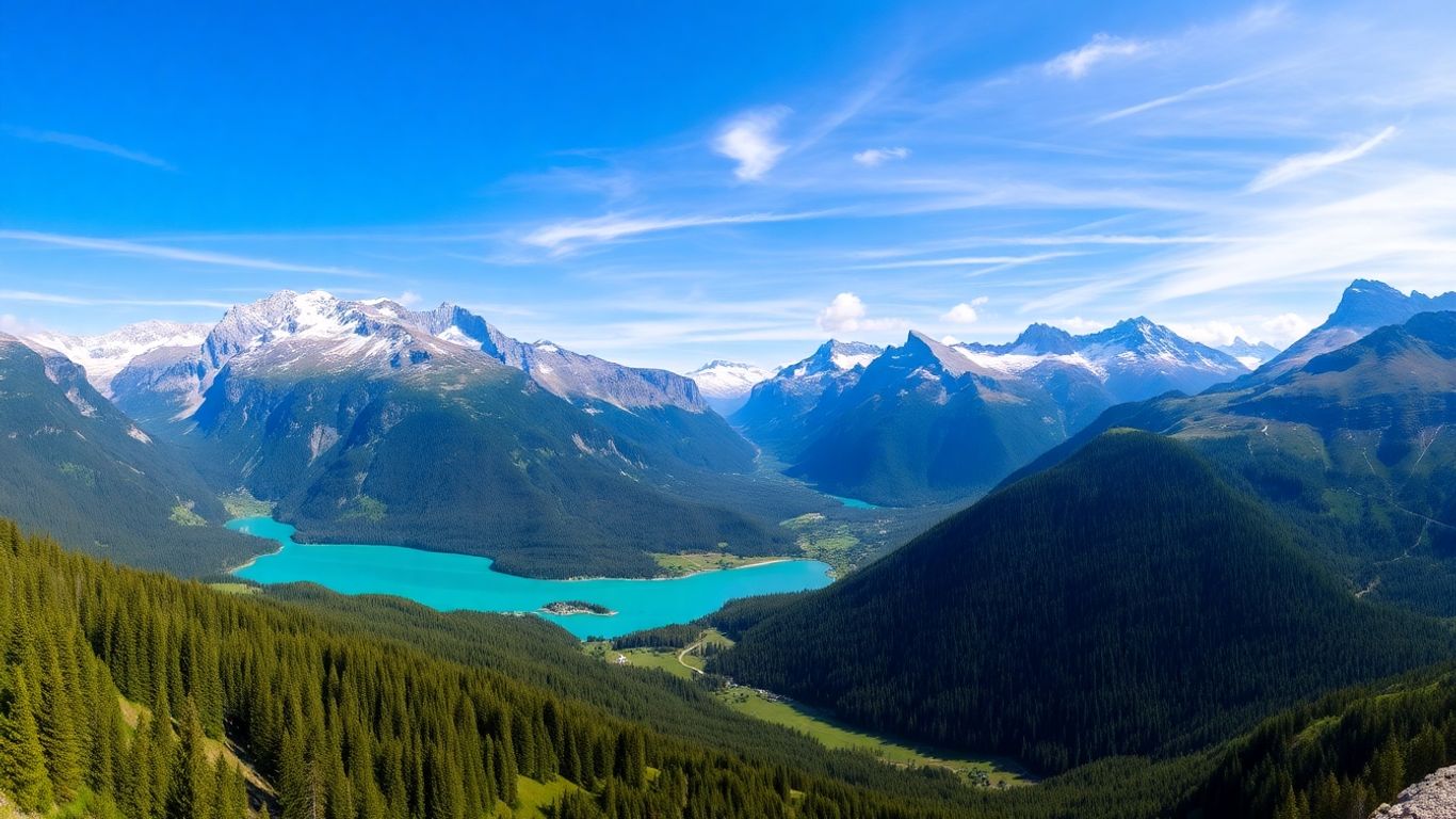Peisaj montan spectaculos cu lac alpin și păduri verzi.