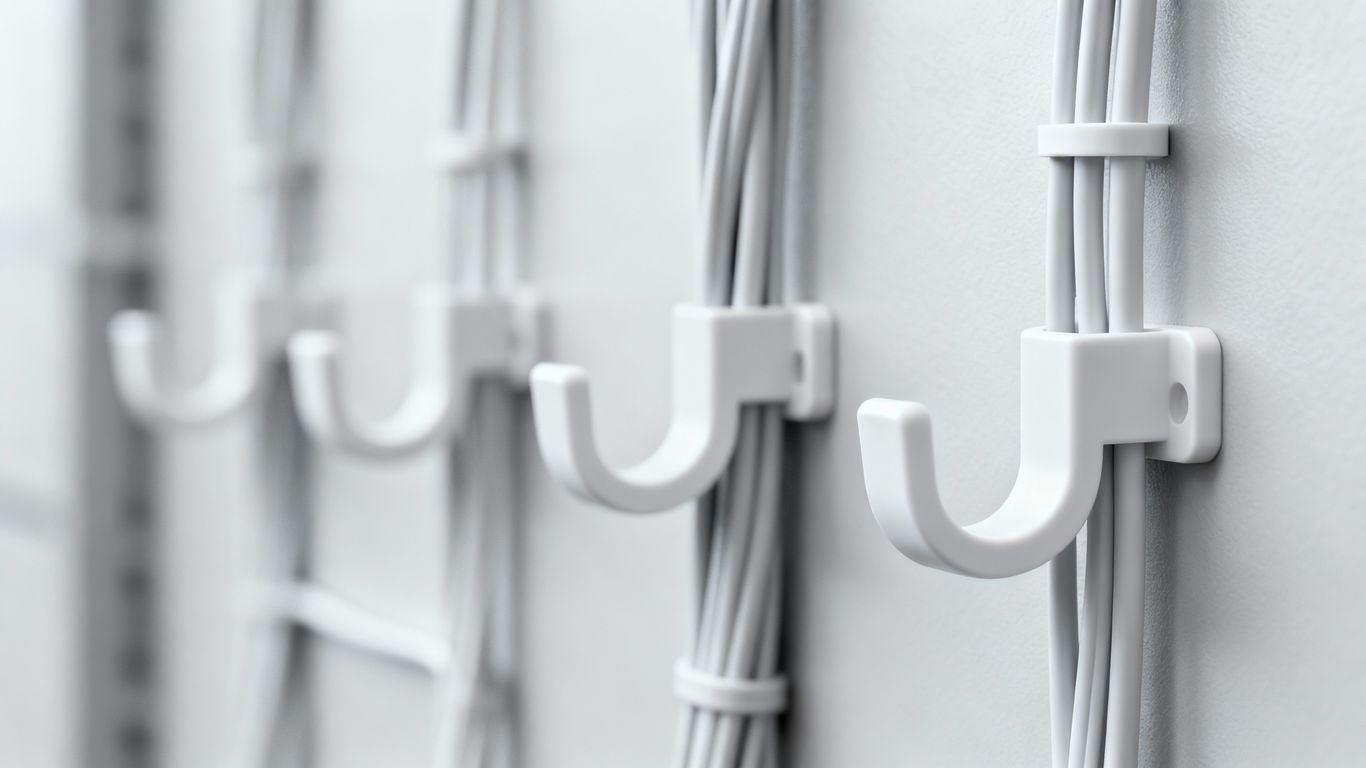 Plastic J-hooks organizing network cables neatly.