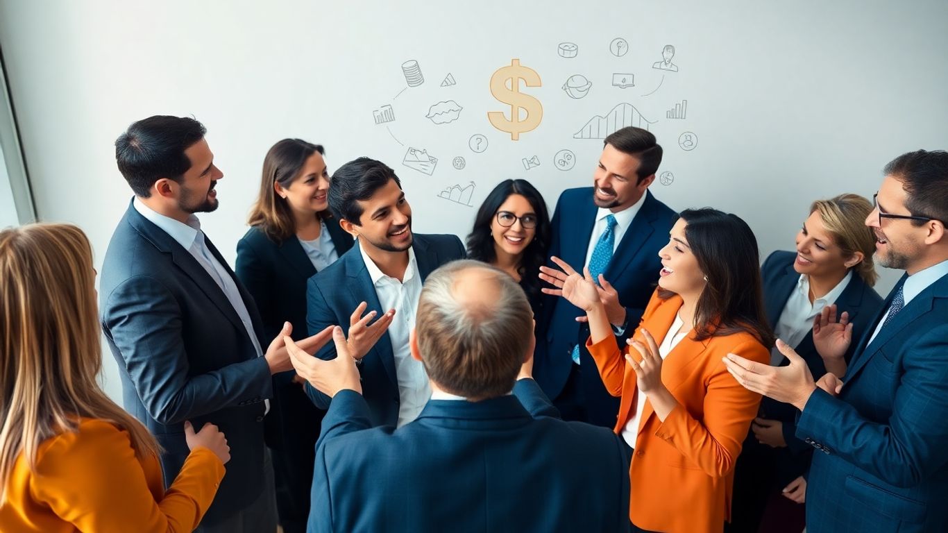 People discussing financial concepts in a professional setting.