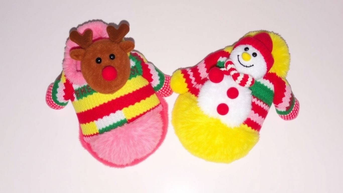 Ugly Christmas sweater slippers with festive designs.