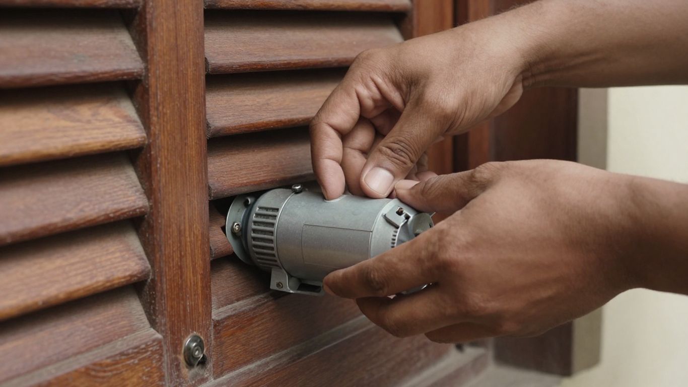 Installation d'un moteur sur un volet battant en bois.