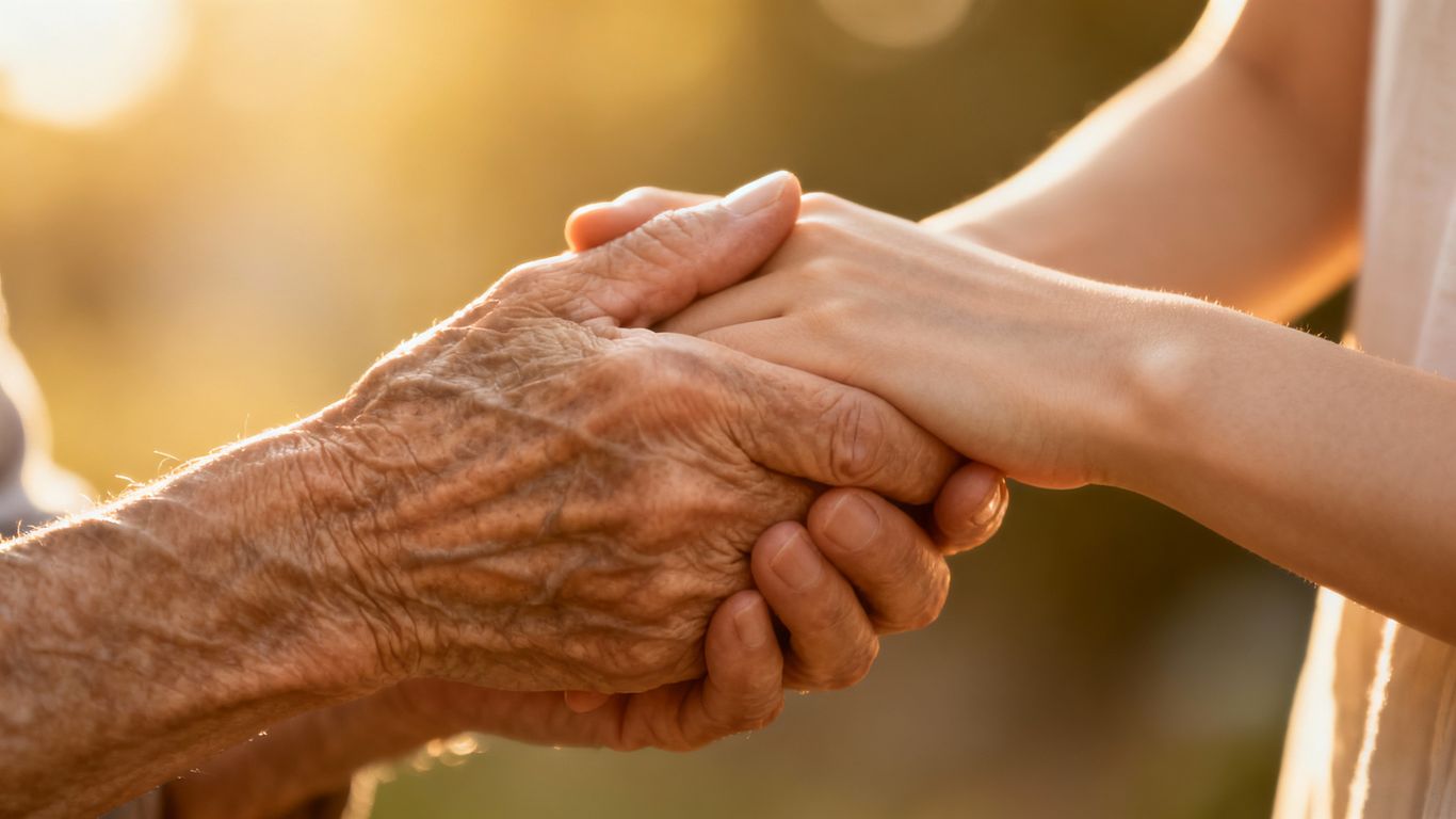 Hands clasped, symbolizing trust and care.