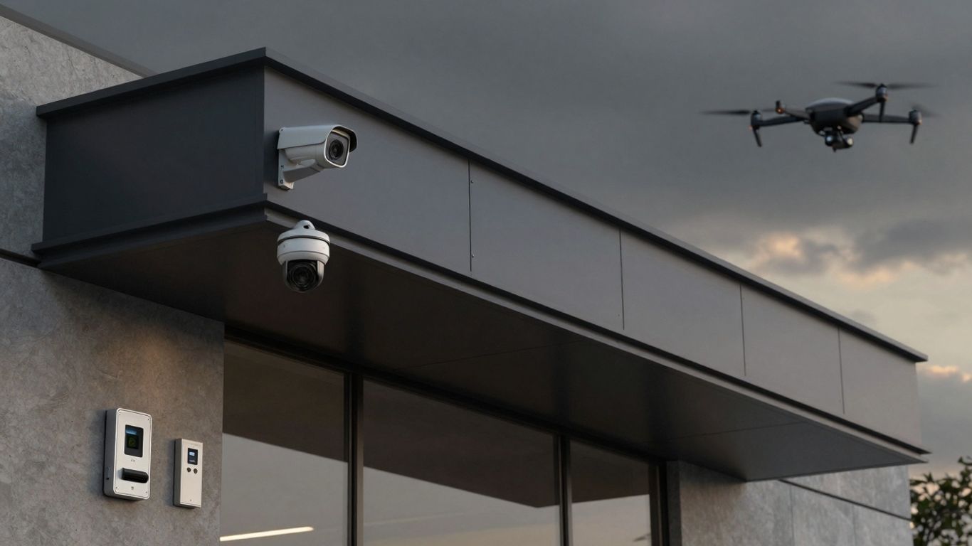 Modern building with integrated security systems and drones.