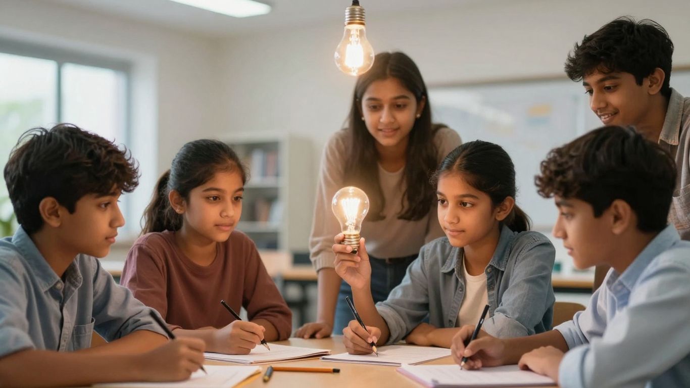 Innovation education contest. Students collaborating on an innovation project with glowing lightbulbs.