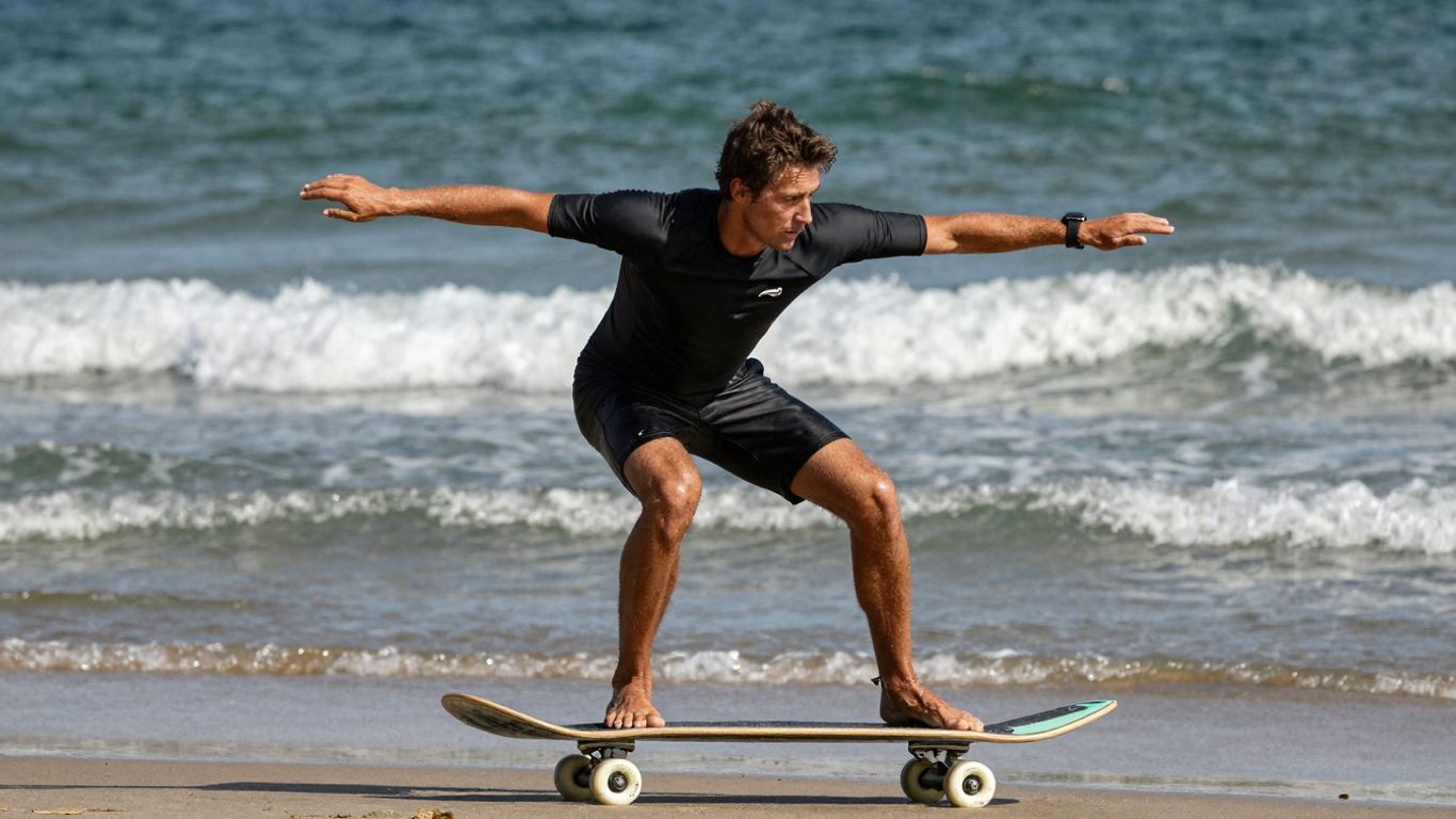 Surfer macht Lunge auf Skateboard am Strand