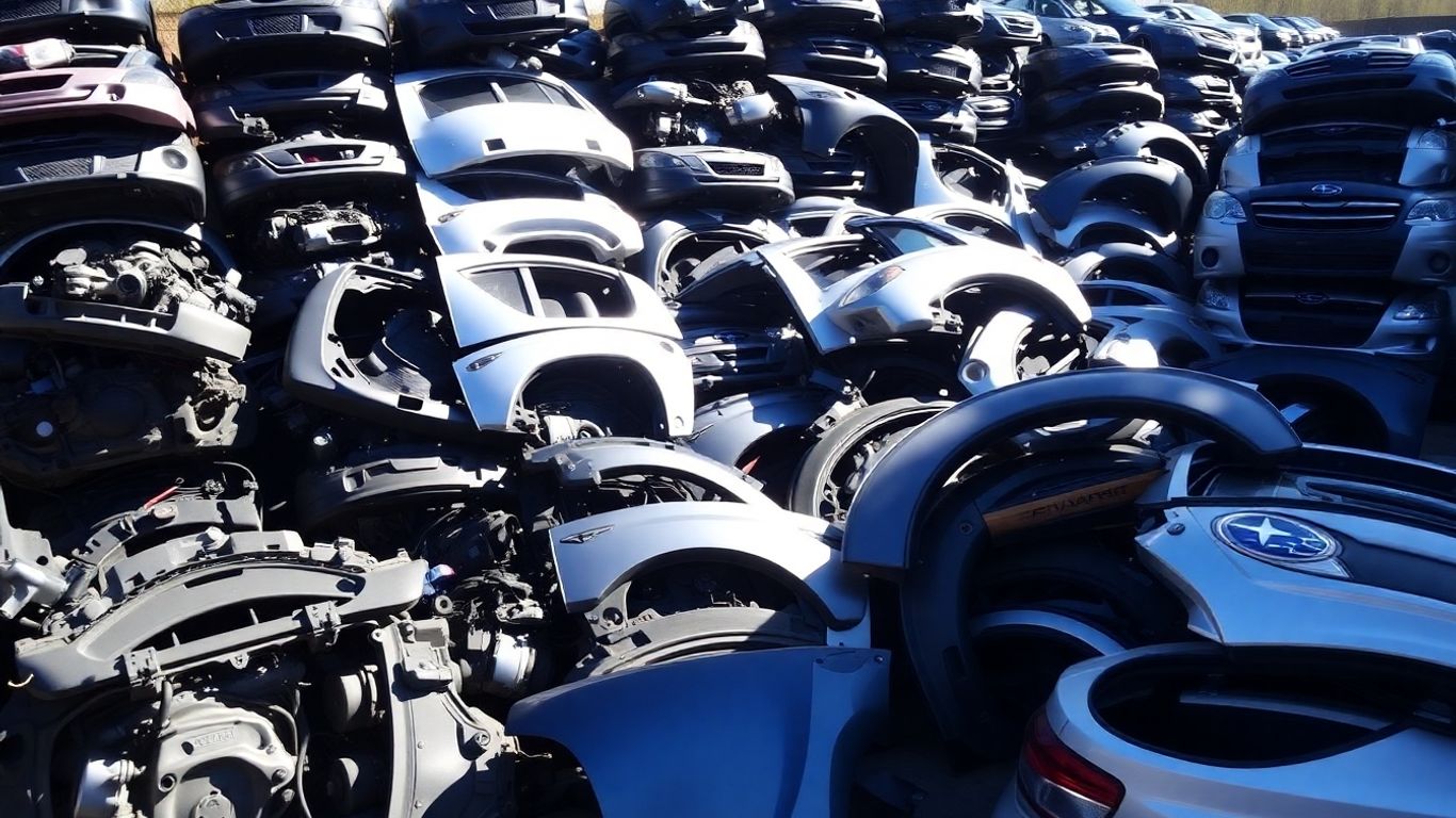 Subaru car parts stacked neatly in a wrecking yard.