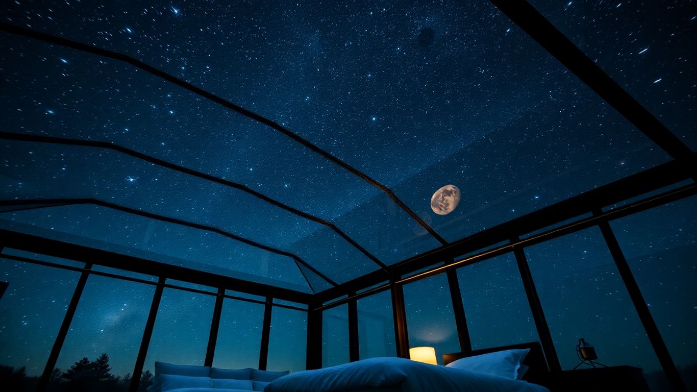 Luxuriöses Glas-Hotelzimmer mit transparentem Dach und Sternenhimmel.