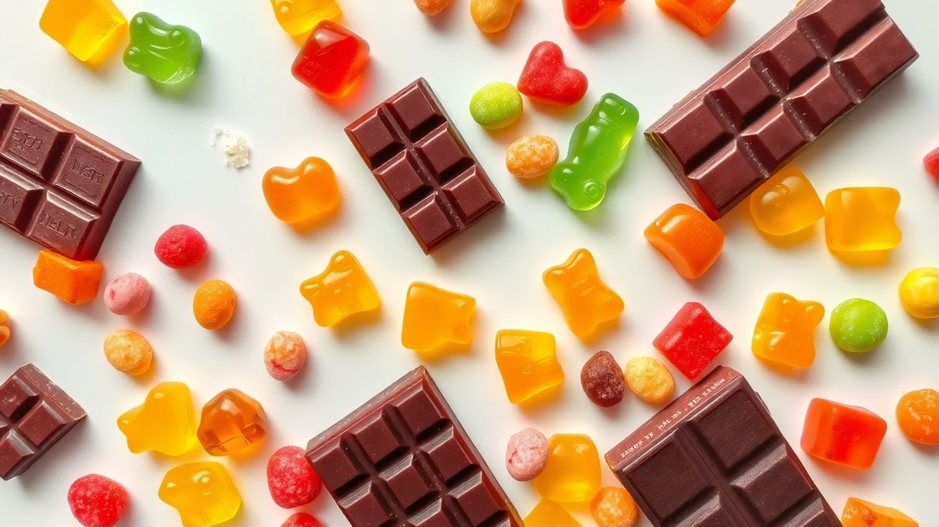 Bunte vegane Süßigkeiten in verschiedenen Formen und Farben.