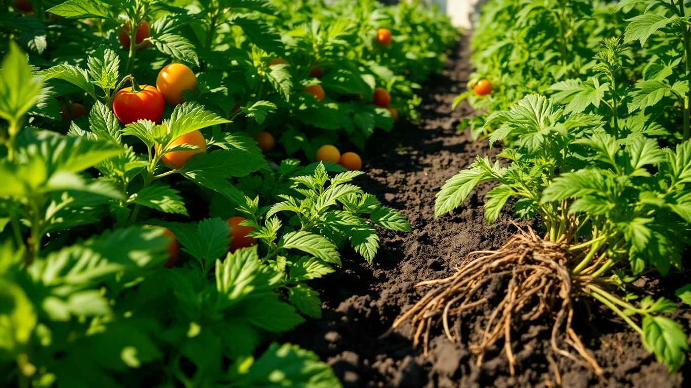 Healthy soil and vegetables in a garden.