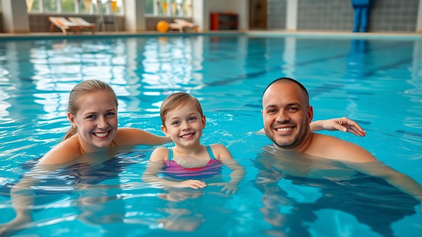 Swim instructor teaching kid and adult in indoor pool