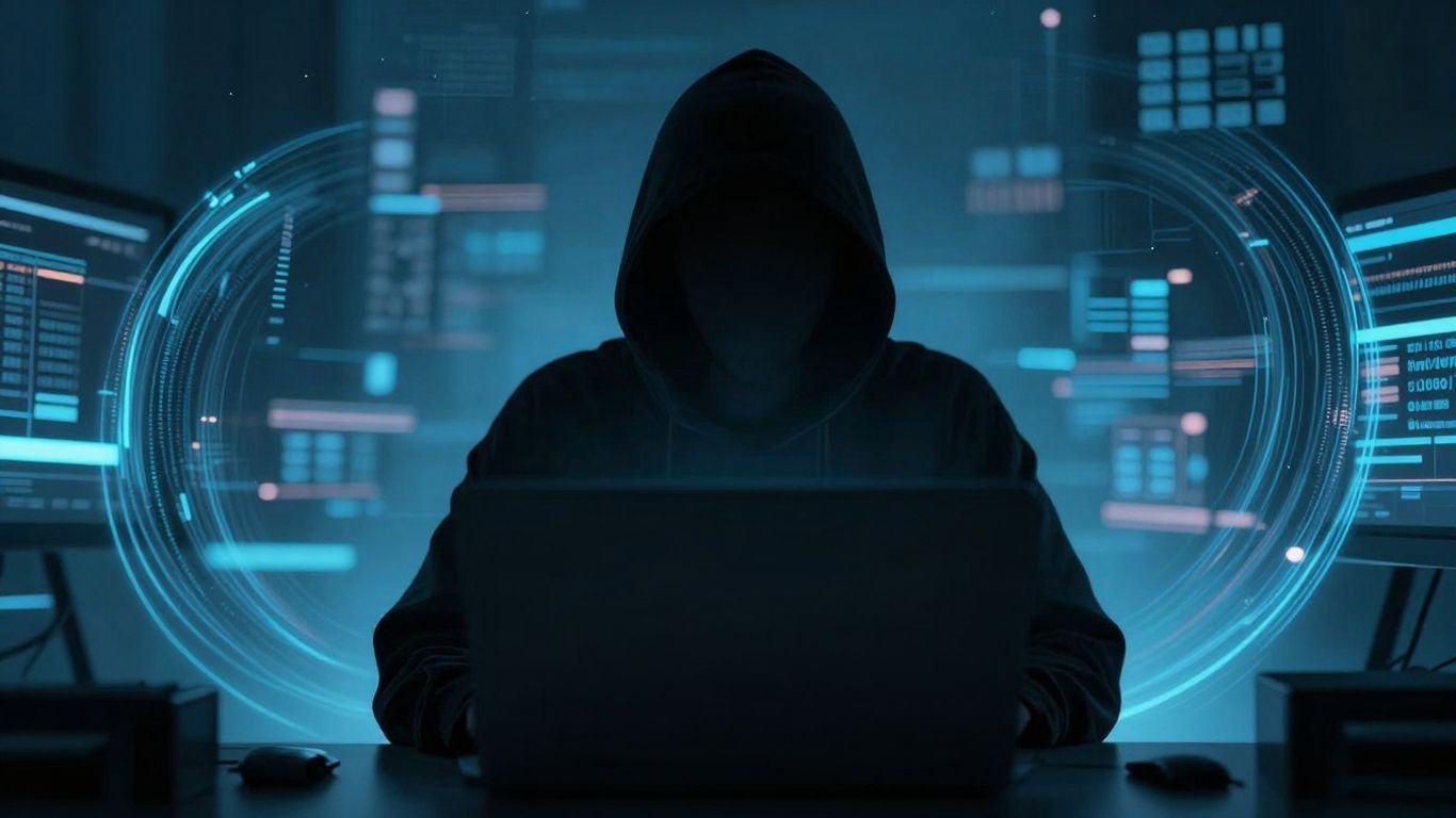 Silhouette behind a glowing computer screen, digital patterns.