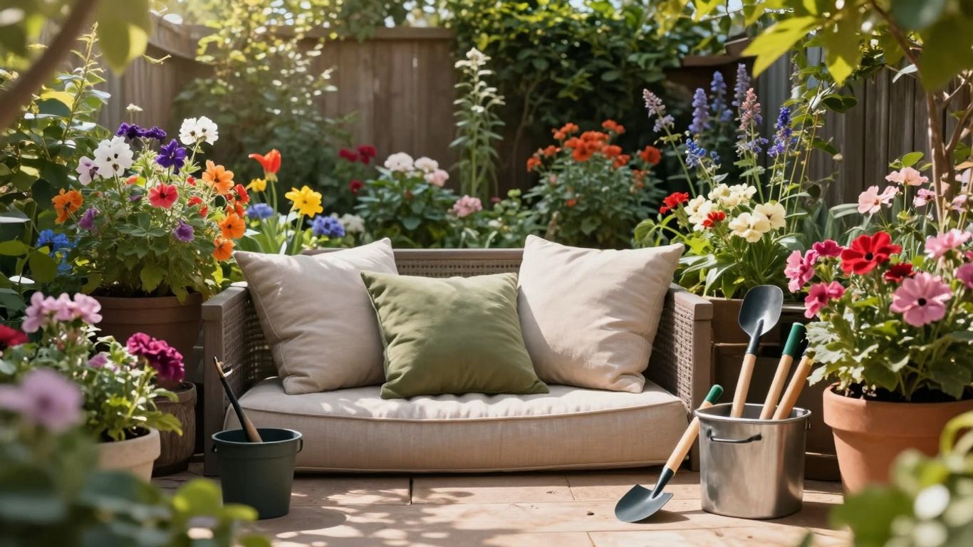 Garten mit Blumen, Sitzbereich und Werkzeugen