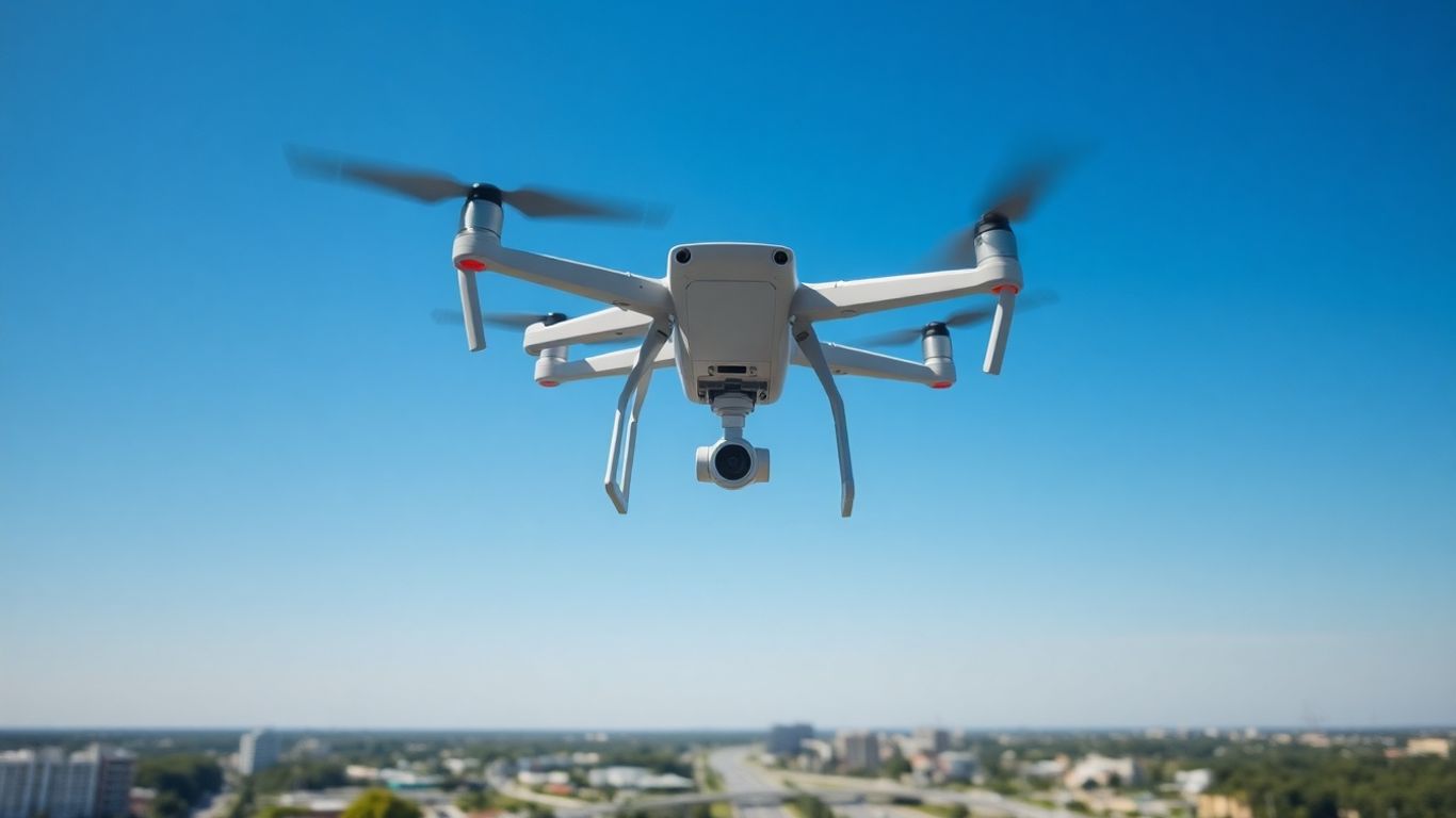 Drone flying over a city for business.
