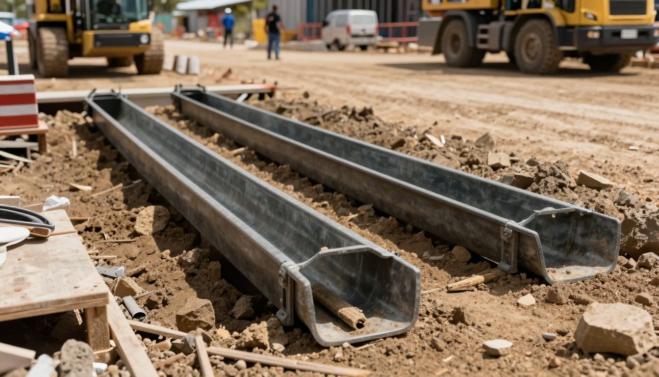 GRP drainage channels being installed on a commercial construction site in Australia