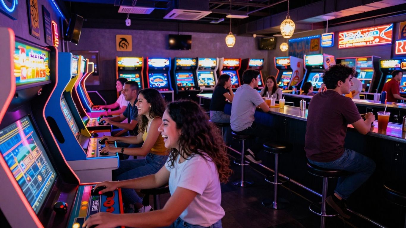 Arcade bar with flashing lights and people playing games.