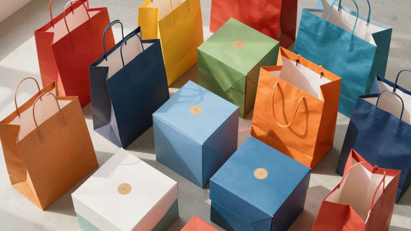 Colorful shopping bags and boxes arranged on a surface.