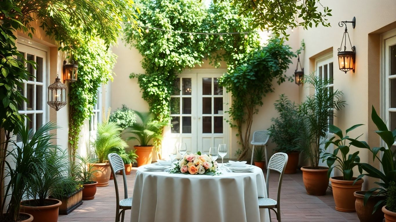 Intimate Dallas courtyard wedding venue with fairy lights and flowers.