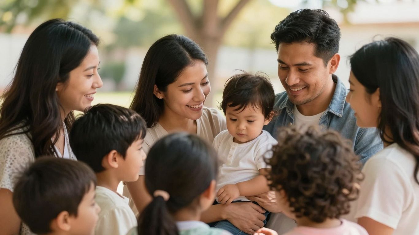 Happy family in a bright, welcoming setting.
