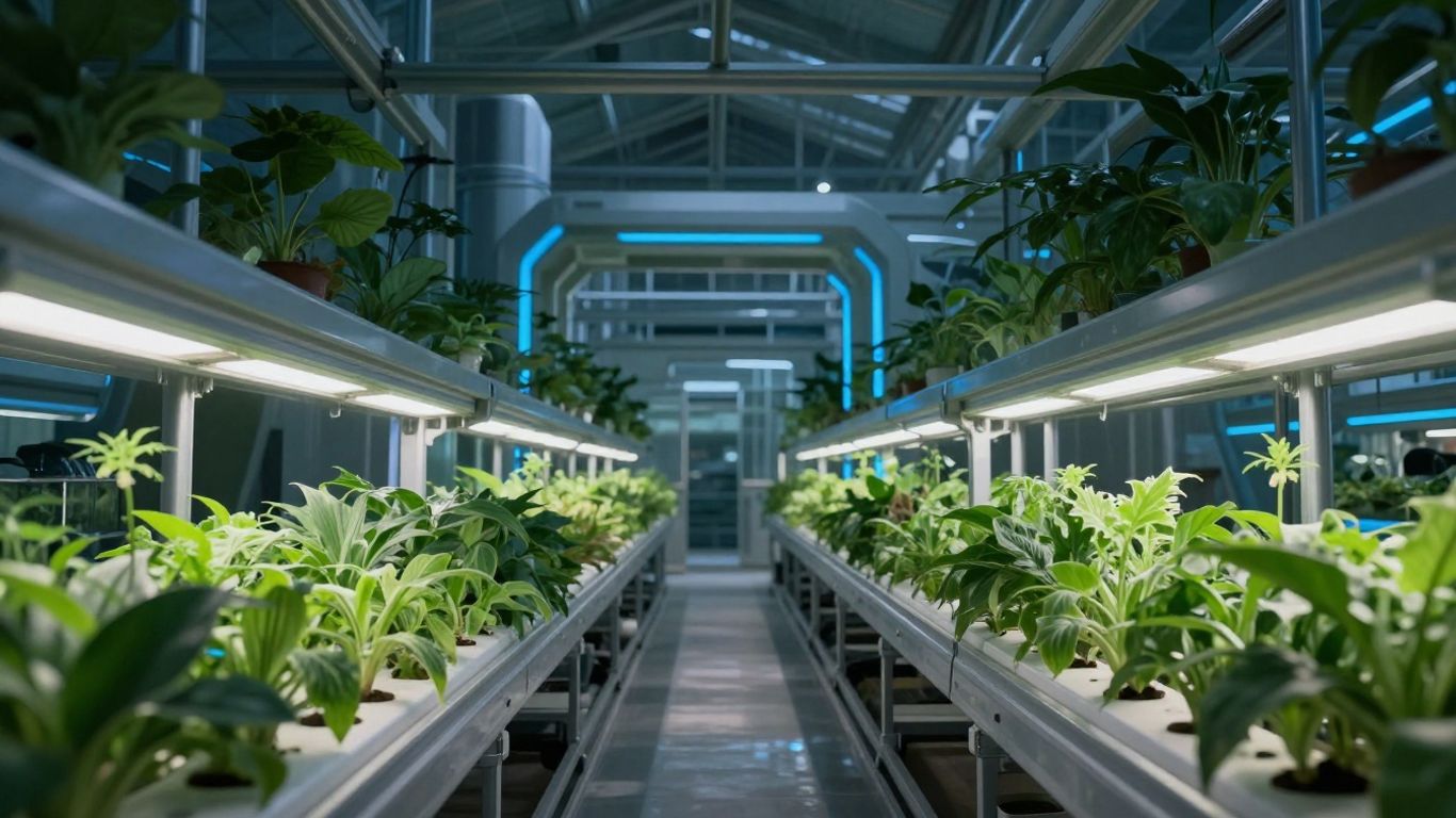 Futuristisches Gewächshaus mit Hydrokultur und leuchtenden Akzenten.