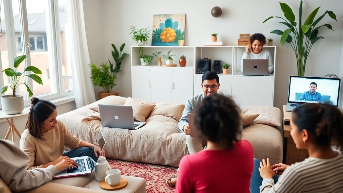 Remote employees working at home with laptops